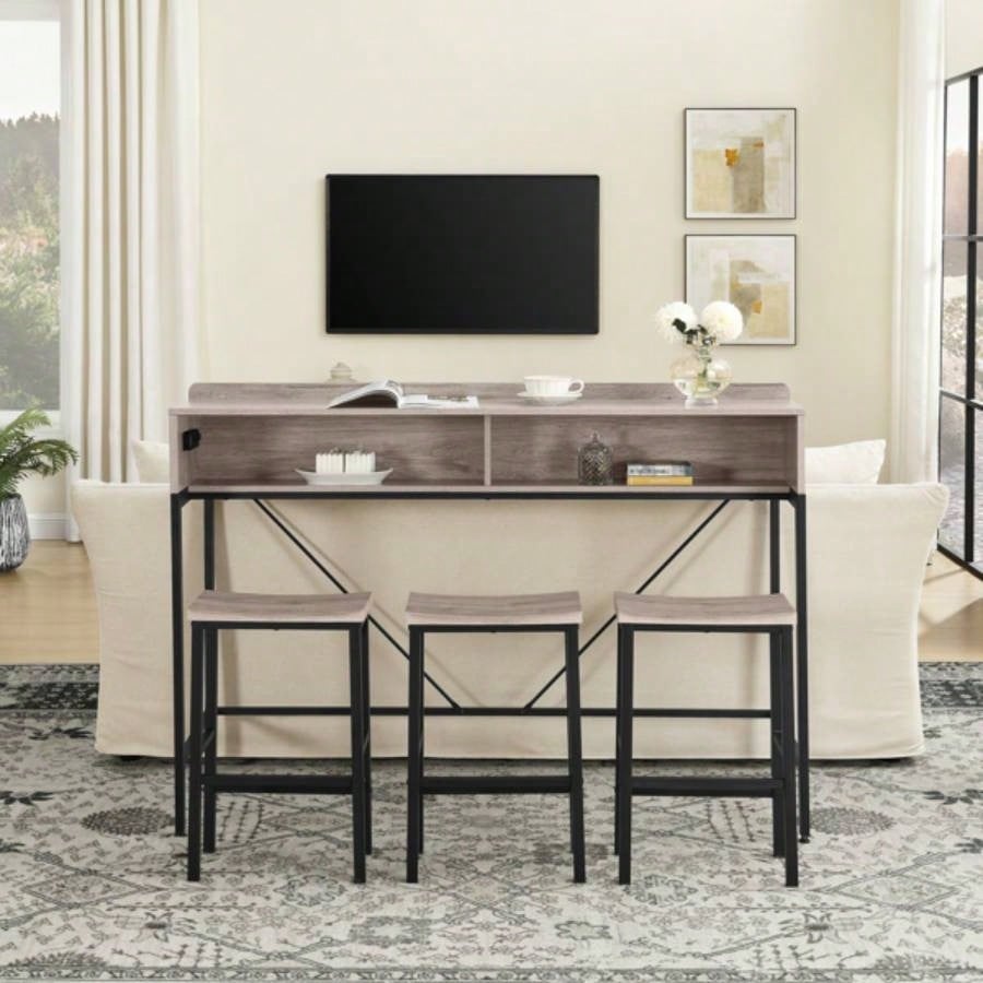 59 inch bar table, dining table, sofa table with power socket and LED light, 3 stools, 4 - piece bar table and chairs set living room, dining room and kitchen