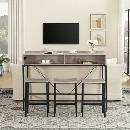 59 inch bar table, dining table, sofa table with power socket and LED light, 3 stools, 4 - piece bar table and chairs set living room, dining room and kitchen