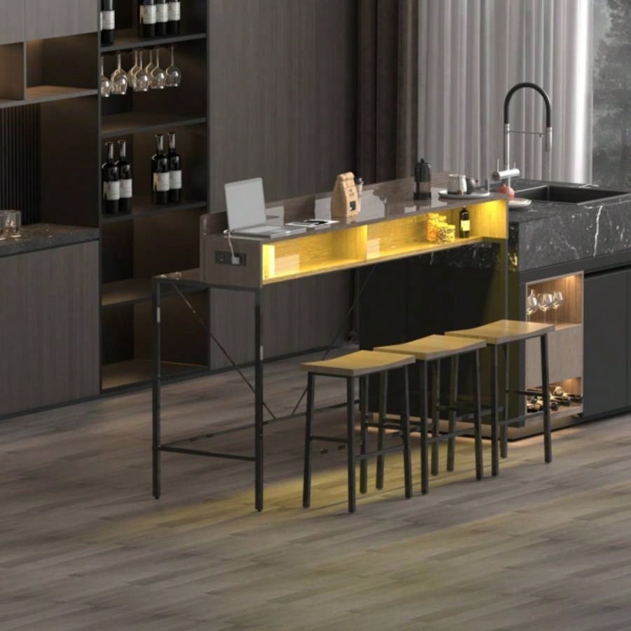 59 inch bar table, dining table, sofa table with power socket and LED light, 3 stools, 4 - piece bar table and chairs set living room, dining room and kitchen
