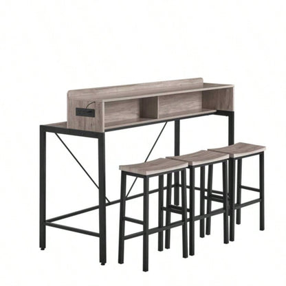 59 inch bar table, dining table, sofa table with power socket and LED light, 3 stools, 4 - piece bar table and chairs set living room, dining room and kitchen