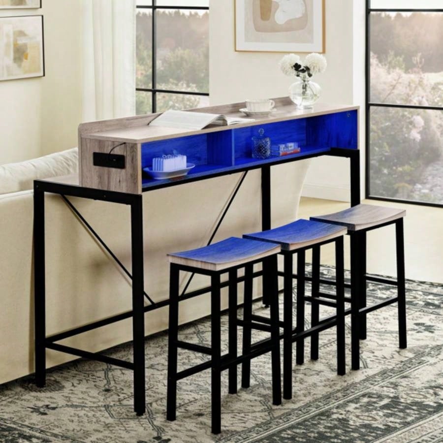 59 inch bar table, dining table, sofa table with power socket and LED light, 3 stools, 4 - piece bar table and chairs set living room, dining room and kitchen