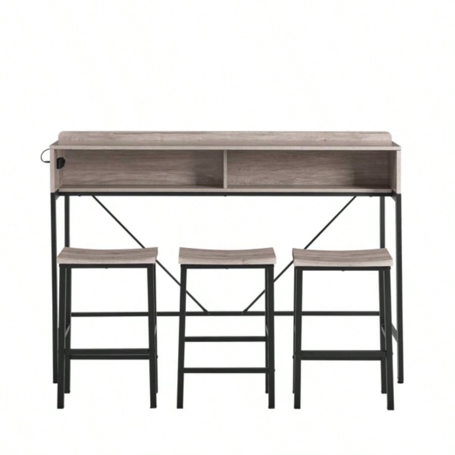 59 inch bar table, dining table, sofa table with power socket and LED light, 3 stools, 4 - piece bar table and chairs set living room, dining room and kitchen