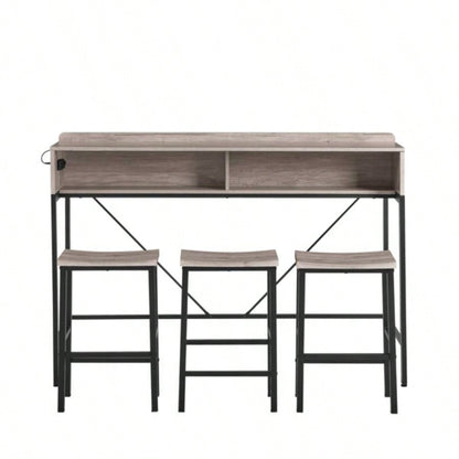 59 inch bar table, dining table, sofa table with power socket and LED light, 3 stools, 4 - piece bar table and chairs set living room, dining room and kitchen