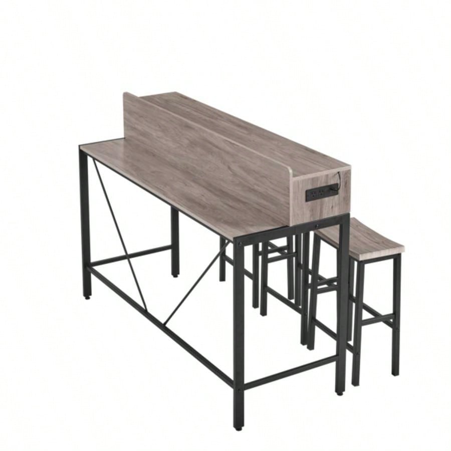 59 inch bar table, dining table, sofa table with power socket and LED light, 3 stools, 4 - piece bar table and chairs set living room, dining room and kitchen