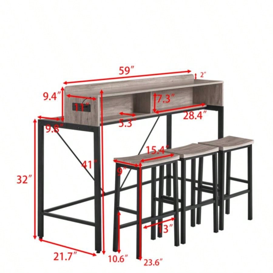 59 inch bar table, dining table, sofa table with power socket and LED light, 3 stools, 4 - piece bar table and chairs set living room, dining room and kitchen