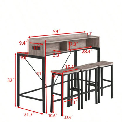 59 inch bar table, dining table, sofa table with power socket and LED light, 3 stools, 4 - piece bar table and chairs set living room, dining room and kitchen