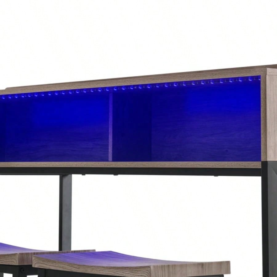 59 inch bar table, dining table, sofa table with power socket and LED light, 3 stools, 4 - piece bar table and chairs set living room, dining room and kitchen