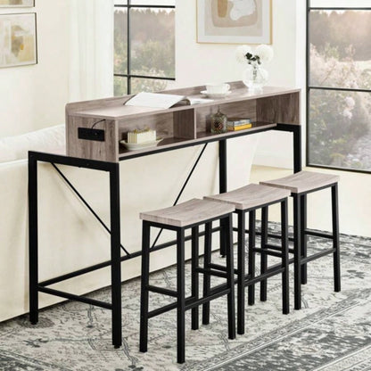 59 inch bar table, dining table, sofa table with power socket and LED light, 3 stools, 4 - piece bar table and chairs set living room, dining room and kitchen