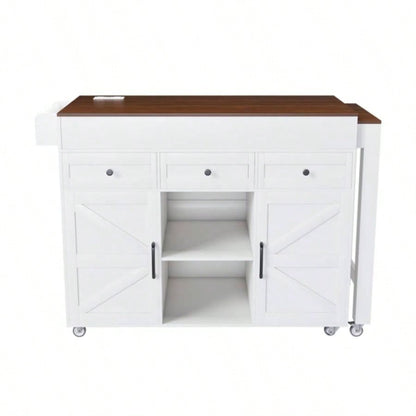 74.8 Kitchen Island with Extendable Dining Table Power Outlet - Rolling Storage Cart on Wheels with 3 Drawers 2 Door Cabinet Dining Room, White