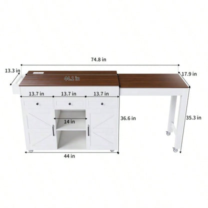 74.8 Kitchen Island with Extendable Dining Table Power Outlet - Rolling Storage Cart on Wheels with 3 Drawers 2 Door Cabinet Dining Room, White