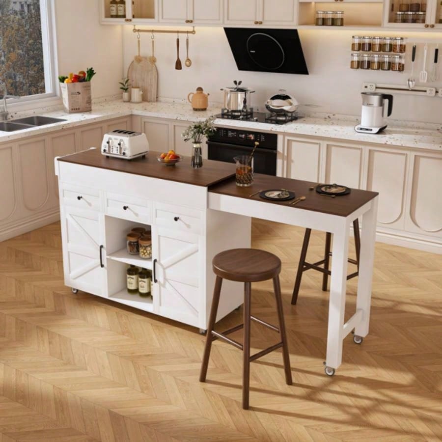 74.8 Kitchen Island with Extendable Dining Table Power Outlet - Rolling Storage Cart on Wheels with 3 Drawers 2 Door Cabinet Dining Room, White