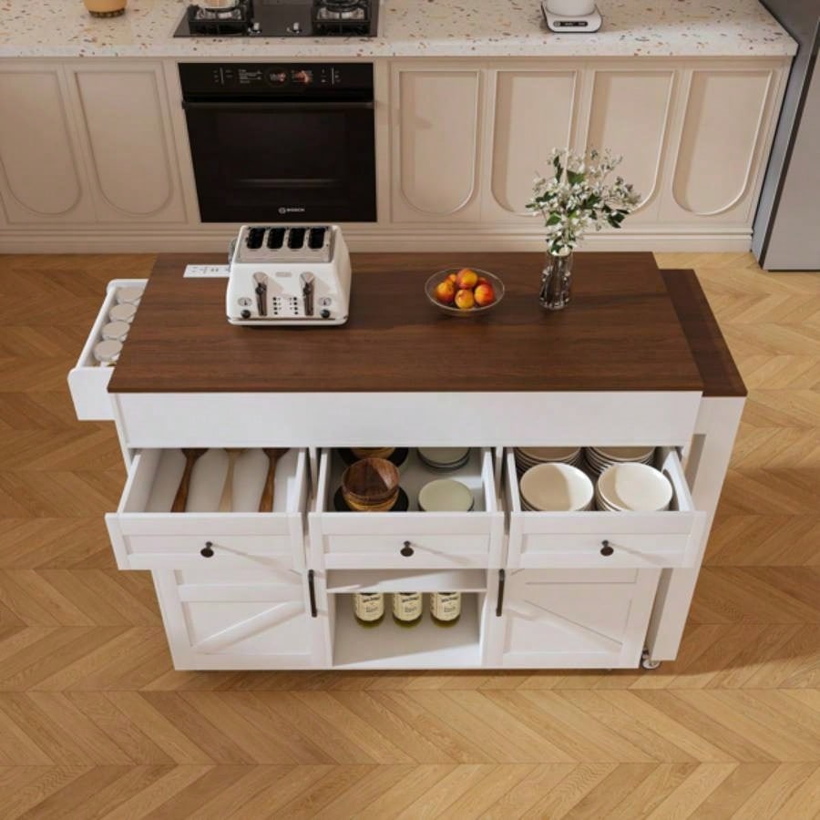 74.8 Kitchen Island with Extendable Dining Table Power Outlet - Rolling Storage Cart on Wheels with 3 Drawers 2 Door Cabinet Dining Room, White