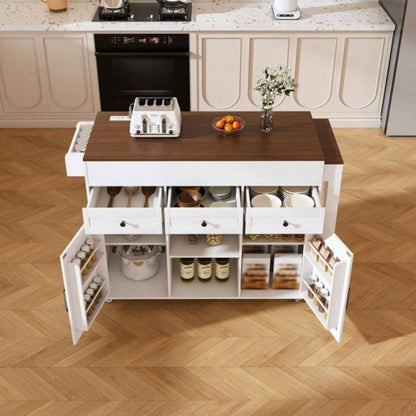 74.8 Kitchen Island with Extendable Dining Table Power Outlet - Rolling Storage Cart on Wheels with 3 Drawers 2 Door Cabinet Dining Room, White