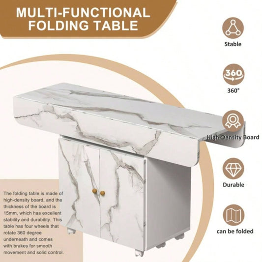 47 Wood Folding Dining Table with storage rack and cabinet, Removable Entryway Table with 6 Wheels, White Marble Color Kitchen Island, Side Table and Coffee Table Versatile Table Space Saving