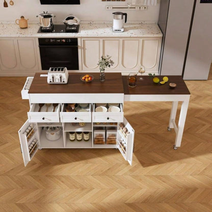74.8 Kitchen Island with Extendable Dining Table Power Outlet - Rolling Storage Cart on Wheels with 3 Drawers 2 Door Cabinet Dining Room, White