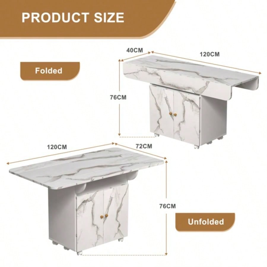47 Wood Folding Dining Table with storage rack and cabinet, Removable Entryway Table with 6 Wheels, White Marble Color Kitchen Island, Side Table and Coffee Table Versatile Table Space Saving