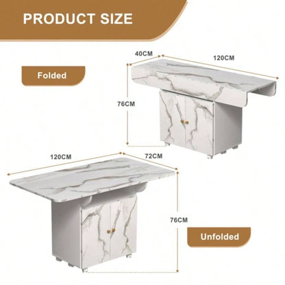 47 Wood Folding Dining Table with storage rack and cabinet, Removable Entryway Table with 6 Wheels, White Marble Color Kitchen Island, Side Table and Coffee Table Versatile Table Space Saving
