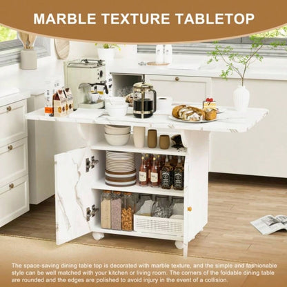 47 Wood Folding Dining Table with storage rack and cabinet, Removable Entryway Table with 6 Wheels, White Marble Color Kitchen Island, Side Table and Coffee Table Versatile Table Space Saving