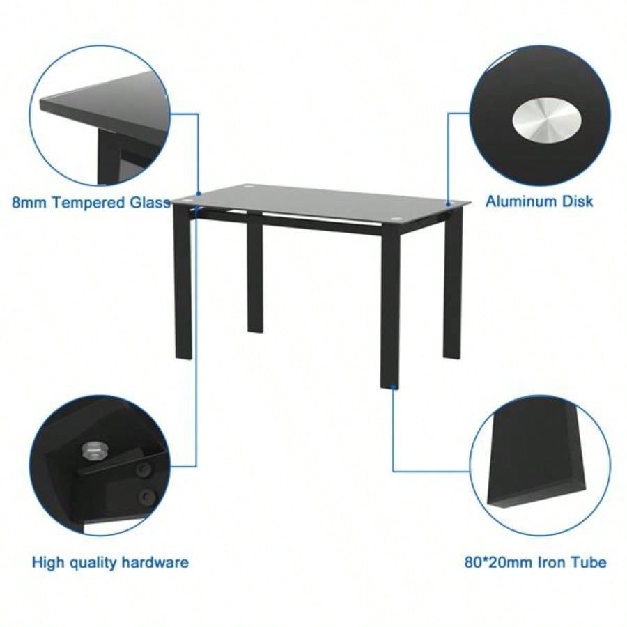 Modern tempered glass black dining table, simple rectangular metal table living room kitchen table