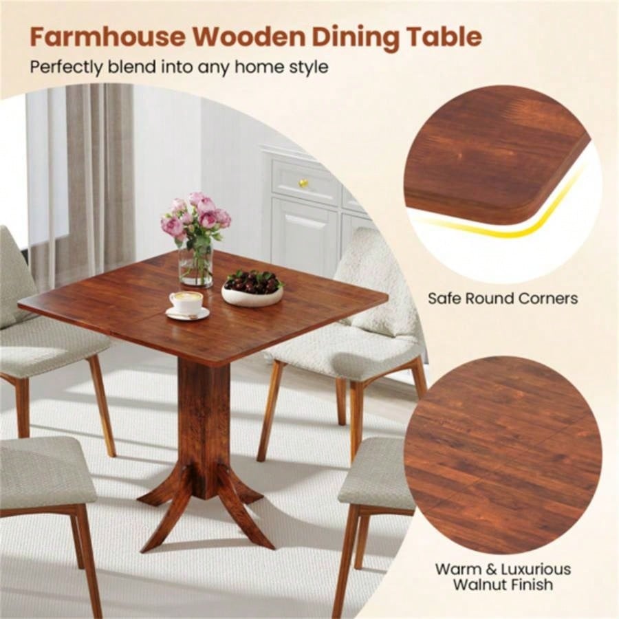 Walnut Square Dining Table with Pedestal Base and Rubber Wood Frame