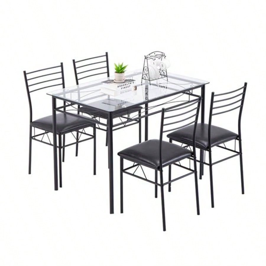 110x 70x 76cm Iron Glass Dining Table and Chairs Black One Table and Four Chairs PU Cushion