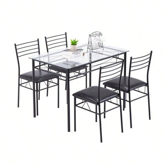 110x 70x 76cm Iron Glass Dining Table and Chairs Black One Table and Four Chairs PU Cushion