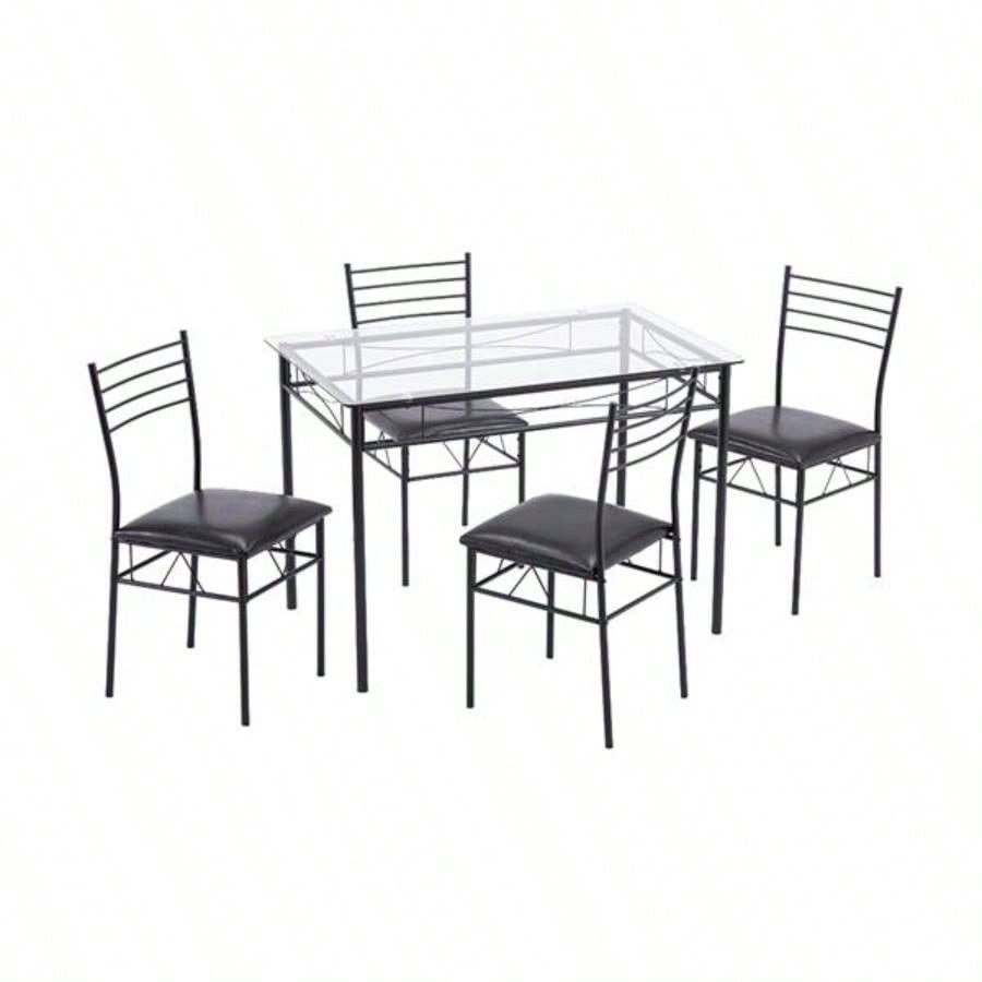 110x 70x 76cm Iron Glass Dining Table and Chairs Black One Table and Four Chairs PU Cushion