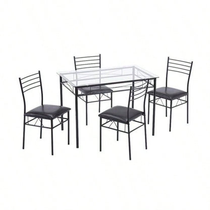 110x 70x 76cm Iron Glass Dining Table and Chairs Black One Table and Four Chairs PU Cushion