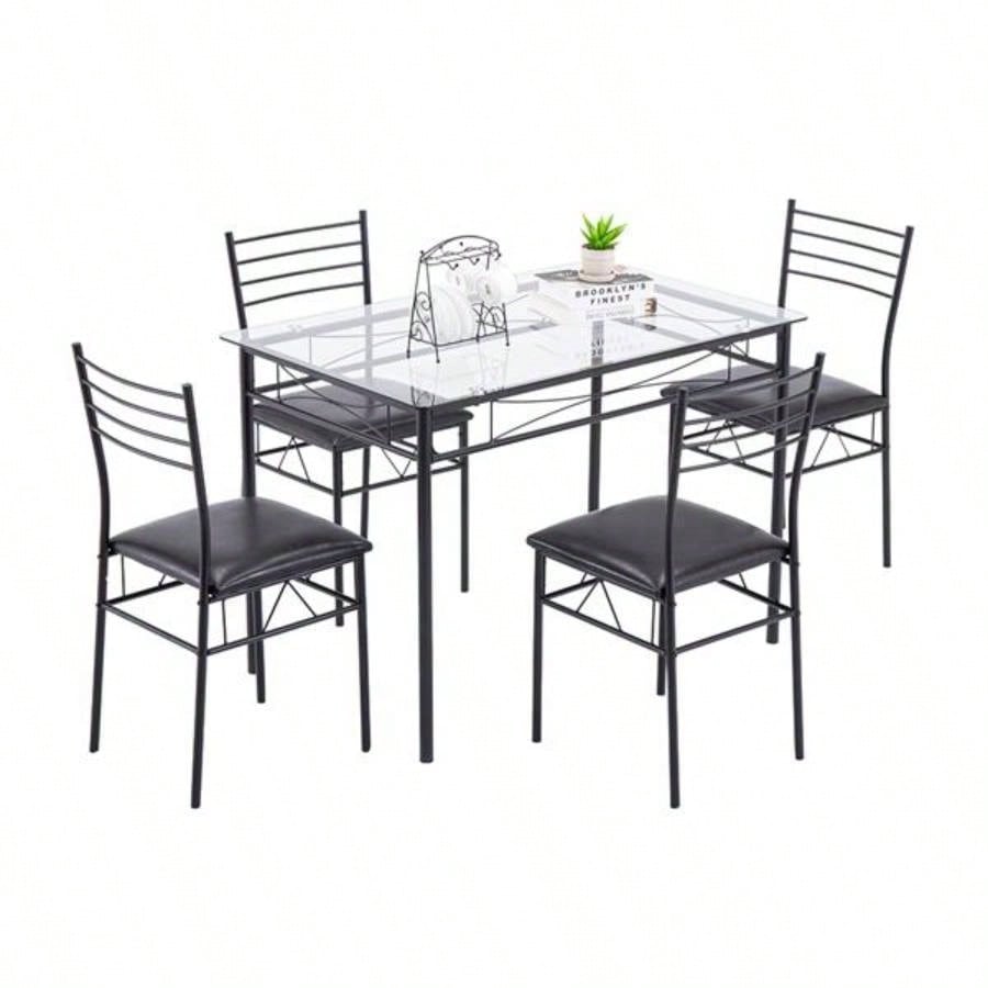 110x 70x 76cm Iron Glass Dining Table and Chairs Black One Table and Four Chairs PU Cushion