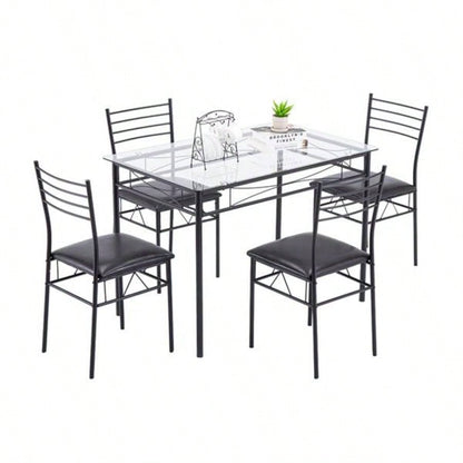 110x 70x 76cm Iron Glass Dining Table and Chairs Black One Table and Four Chairs PU Cushion