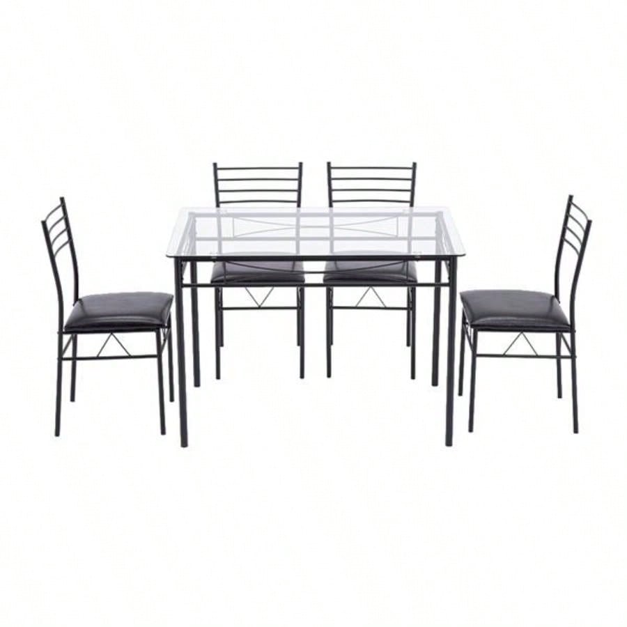 110x 70x 76cm Iron Glass Dining Table and Chairs Black One Table and Four Chairs PU Cushion