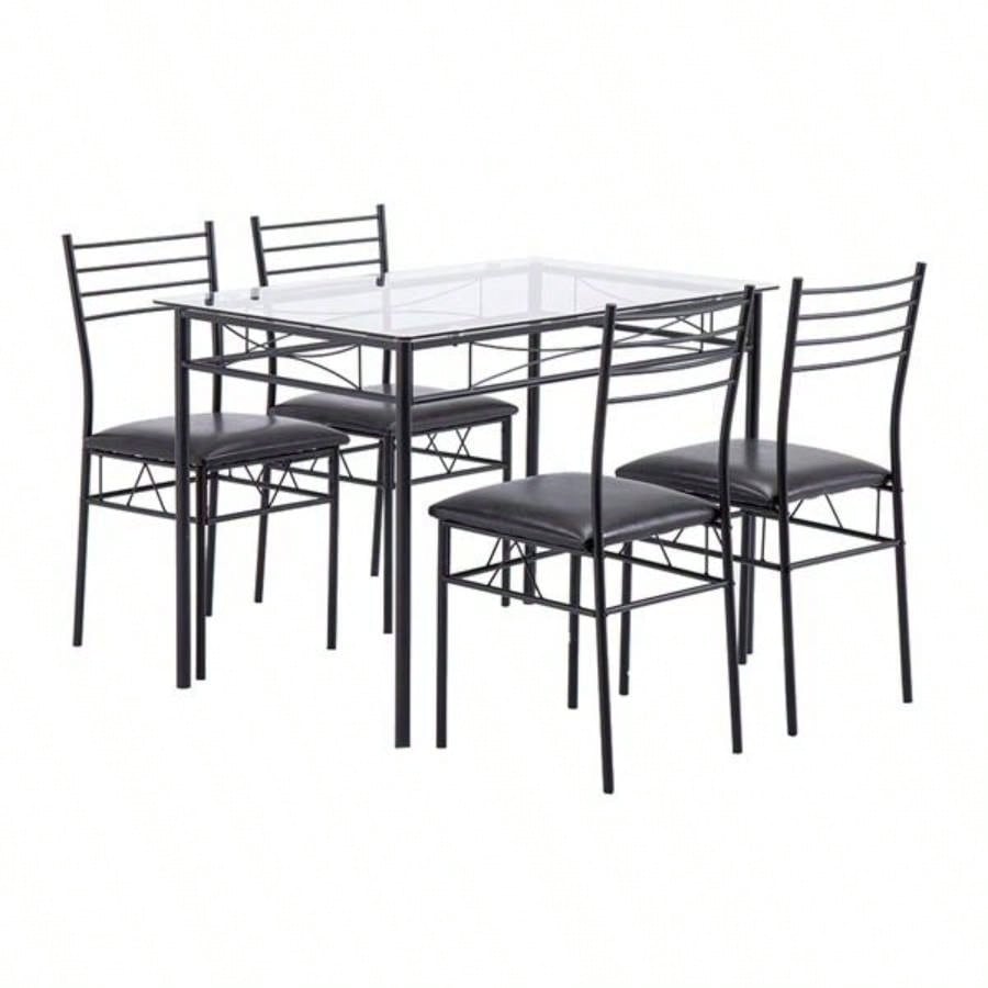 110x 70x 76cm Iron Glass Dining Table and Chairs Black One Table and Four Chairs PU Cushion