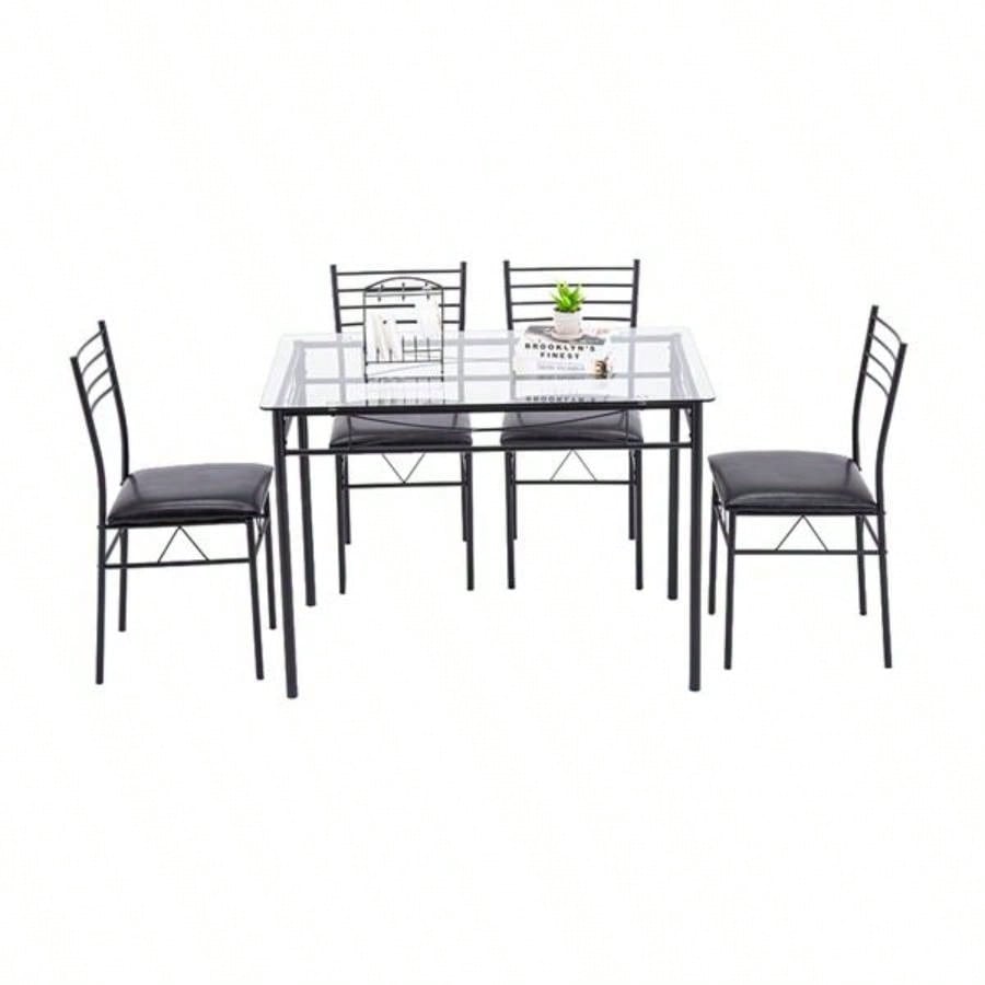 110x 70x 76cm Iron Glass Dining Table and Chairs Black One Table and Four Chairs PU Cushion