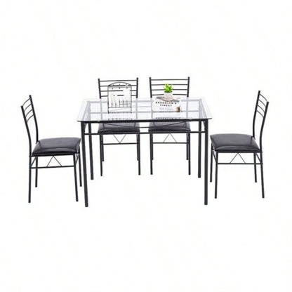 110x 70x 76cm Iron Glass Dining Table and Chairs Black One Table and Four Chairs PU Cushion