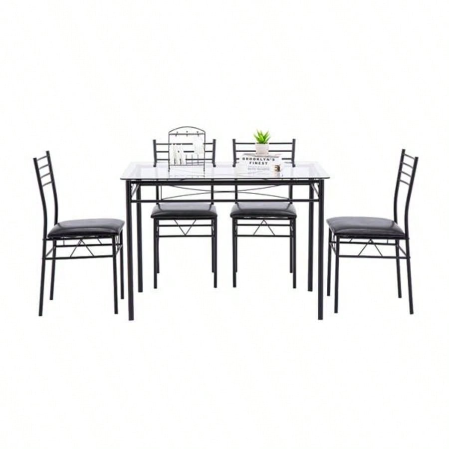 110x 70x 76cm Iron Glass Dining Table and Chairs Black One Table and Four Chairs PU Cushion