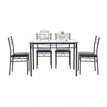 110x 70x 76cm Iron Glass Dining Table and Chairs Black One Table and Four Chairs PU Cushion