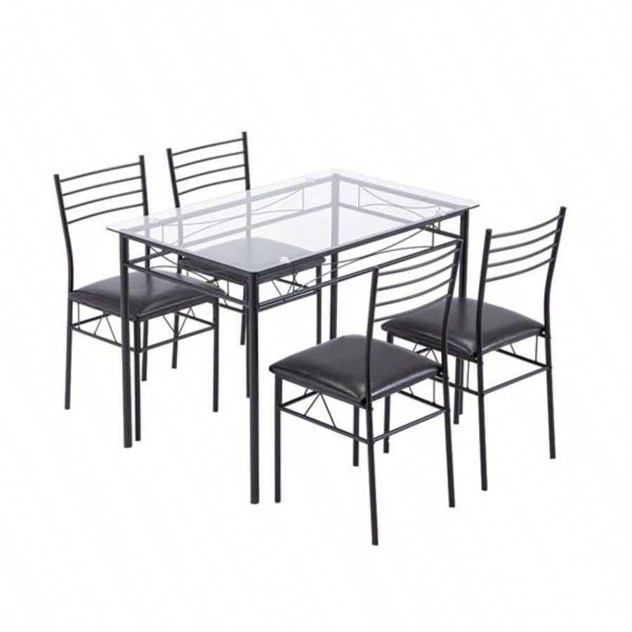 110x 70x 76cm Iron Glass Dining Table and Chairs Black One Table and Four Chairs PU Cushion