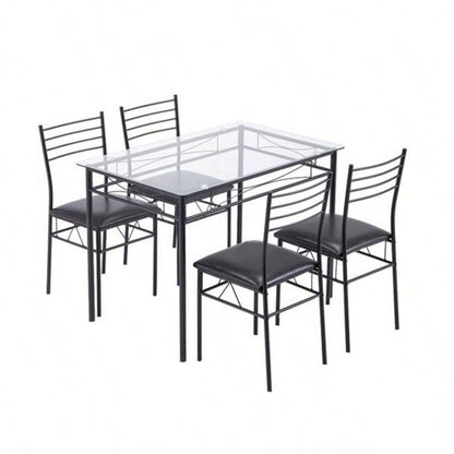 110x 70x 76cm Iron Glass Dining Table and Chairs Black One Table and Four Chairs PU Cushion