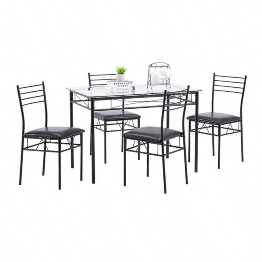 110x 70x 76cm Iron Glass Dining Table and Chairs Black One Table and Four Chairs PU Cushion