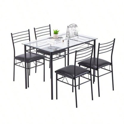 110x 70x 76cm Iron Glass Dining Table and Chairs Black One Table and Four Chairs PU Cushion