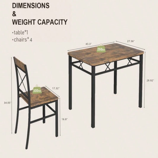 Dining Table Set 4, Wood Kitchen Table with Chairs Dinning Table Set Kitchen Dining Room, Compact Dining Set Small Spaces, Rustic Brown