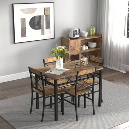 Dining Table Set 4, Wood Kitchen Table with Chairs Dinning Table Set Kitchen Dining Room, Compact Dining Set Small Spaces, Rustic Brown