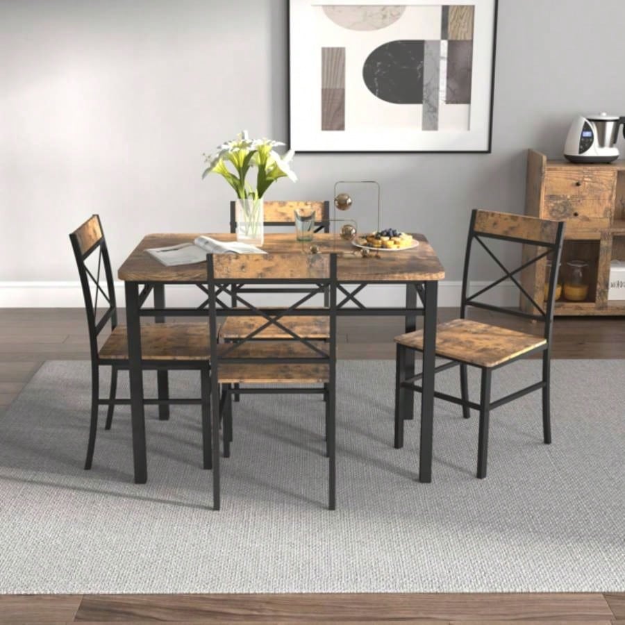 Dining Table Set 4, Wood Kitchen Table with Chairs Dinning Table Set Kitchen Dining Room, Compact Dining Set Small Spaces, Rustic Brown