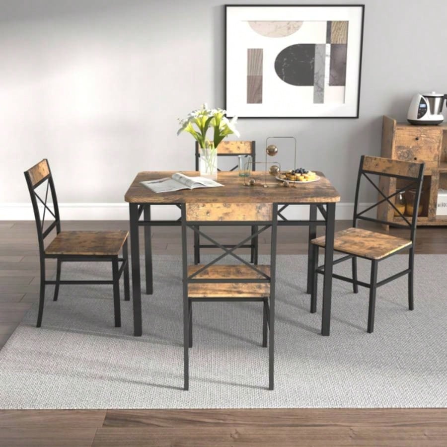 Dining Table Set 4, Wood Kitchen Table with Chairs Dinning Table Set Kitchen Dining Room, Compact Dining Set Small Spaces, Rustic Brown
