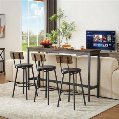 Long Bar Table Set with 3 PU Upholstered Bar Stools, Industrial Bar Table and Chairs Kitchen Breakfast Table, Living Room, Banquet Hall, Rustic Brown and Black, 63Lx15. 37.5H