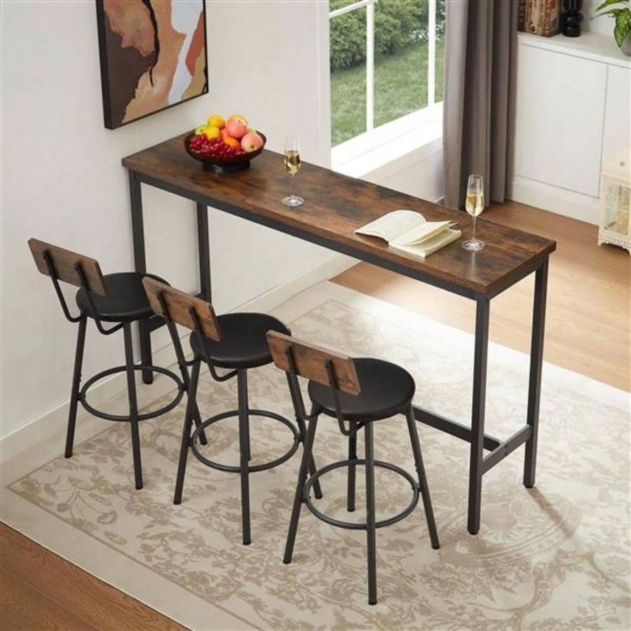 Long Bar Table Set with 3 PU Upholstered Bar Stools, Industrial Bar Table and Chairs Kitchen Breakfast Table, Living Room, Banquet Hall, Rustic Brown and Black, 63Lx15. 37.5H