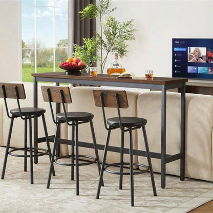 Long Bar Table Set with 3 PU Upholstered Bar Stools, Industrial Bar Table and Chairs Kitchen Breakfast Table, Living Room, Banquet Hall, Rustic Brown and Black, 63Lx15. 37.5H