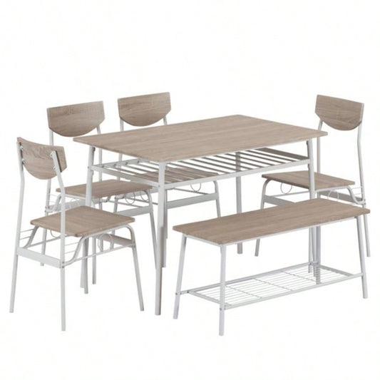 6 - Piece Modern Dining Set Home, Kitchen, Dining Room with Storage Racks, Rectangular Table, 4 Chairs, Steel Frame - White Oak Color
