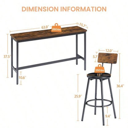 Long Bar Table Set with 3 PU Upholstered Bar Stools, Industrial Bar Table and Chairs Kitchen Breakfast Table, Living Room, Banquet Hall, Rustic Brown and Black, 63Lx15. 37.5H