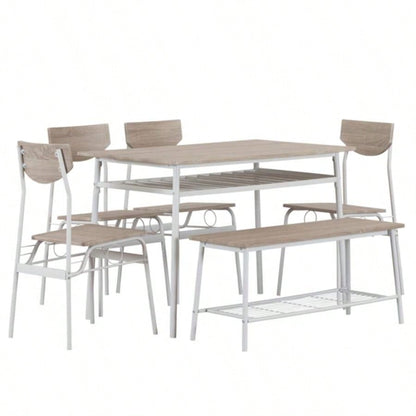 6 - Piece Modern Dining Set Home, Kitchen, Dining Room with Storage Racks, Rectangular Table, 4 Chairs, Steel Frame - White Oak Color